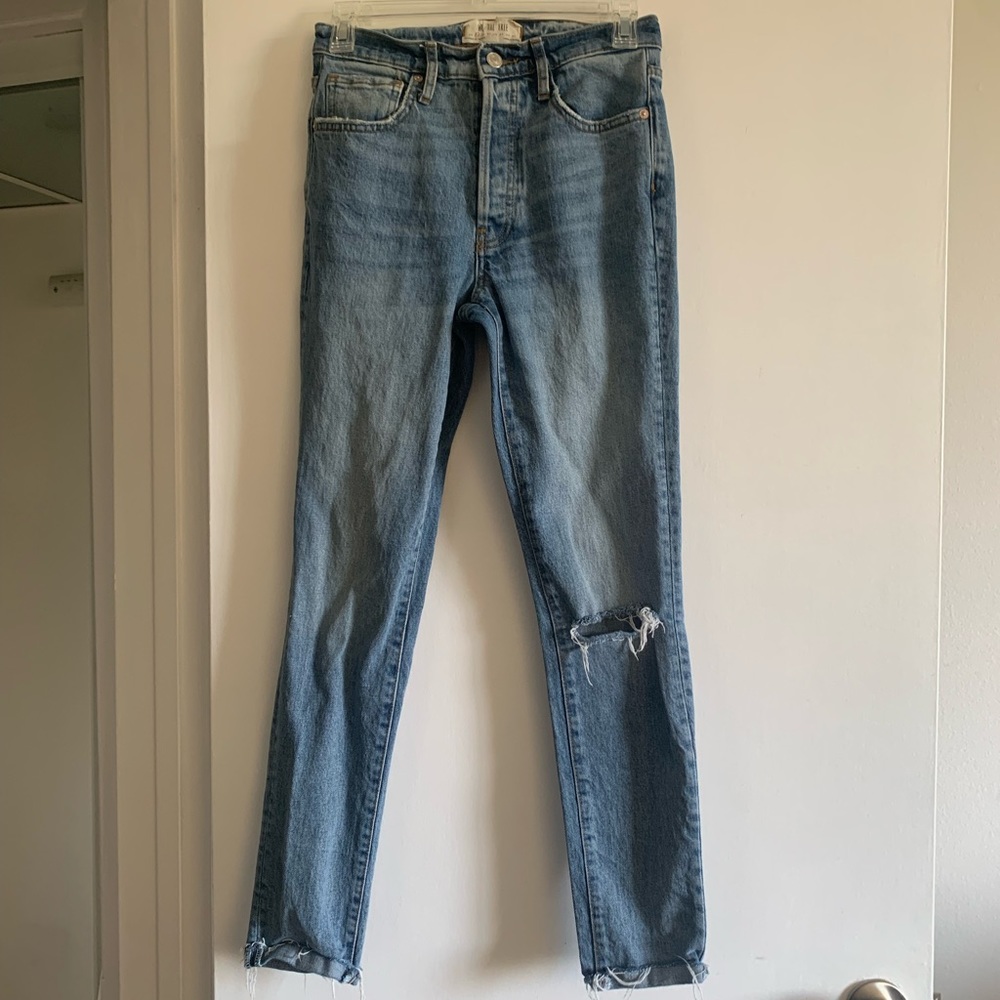 Free People We the Free Blue Distressed Knee/Hem High Waisted Skinny Jeans